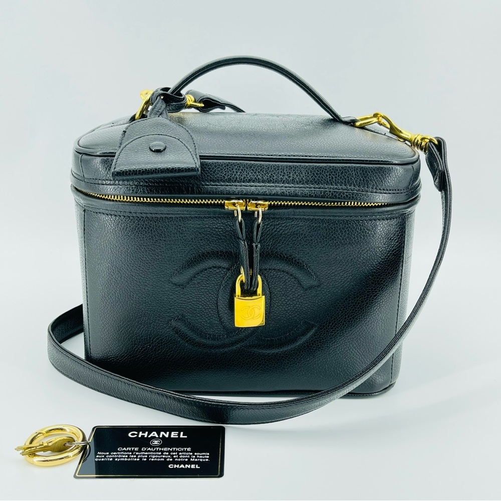 CHANEL Black Leather Vanity Crossbody with Gold-Tone Lock